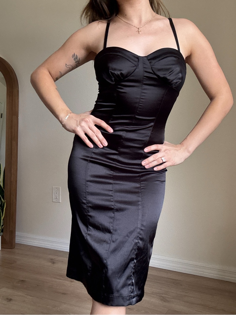 La Belle Black Satin Bustier Midi Dress